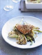 Baked turkey with fennel, asparagus and pine nuts